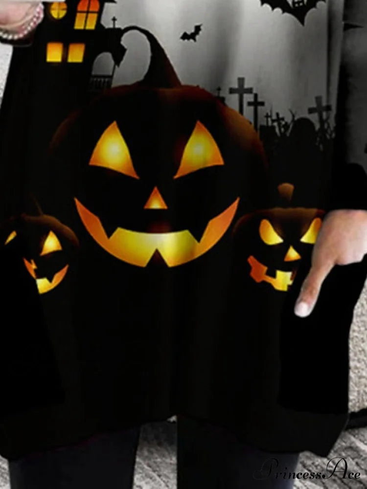 Neck Halloween Women’s Casual - Fall Crew Blouse Pumpkin - Long Loose - Gown with - Winter Fit 2024 T - Design Black