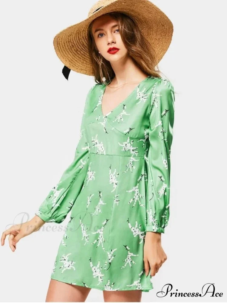 Neck Long Arm Patterned Plunging Elegant Dress