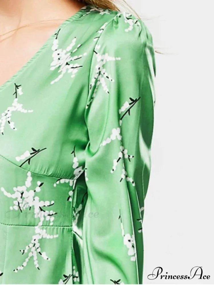 Neck Long Arm Patterned Plunging Elegant Dress