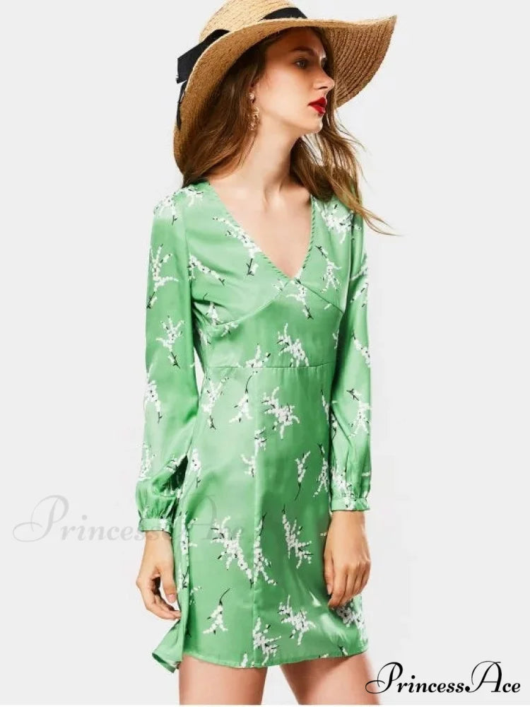 Neck Long Arm Patterned Plunging Elegant Dress