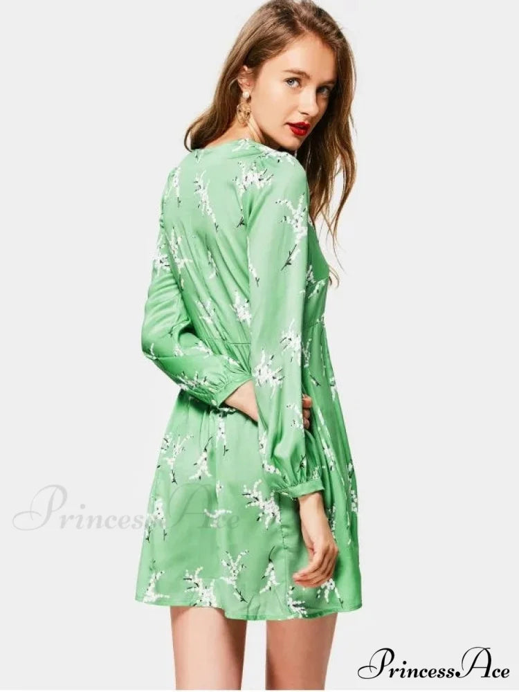 Neck Long Arm Patterned Plunging Elegant Dress