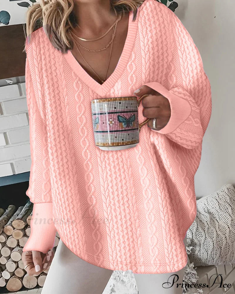 Neck Long V Arm Sweater Pink / S