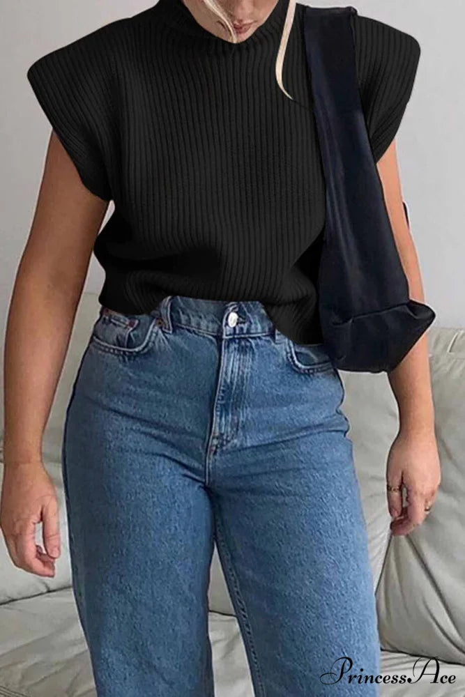 Neck Mock Sleeveless Sweater Black / M