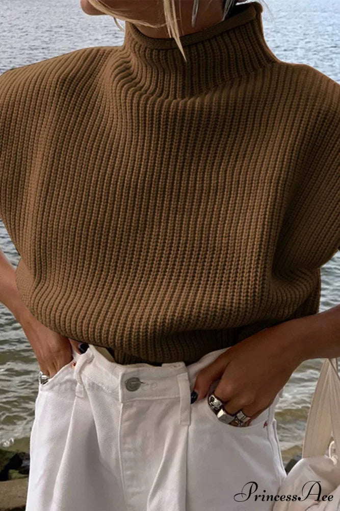 Neck Mock Sleeveless Sweater Brown / S