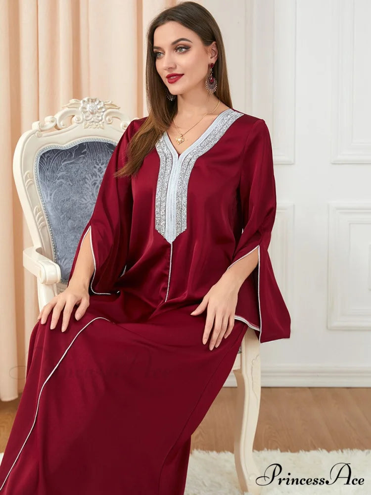 Neck Muslim Longue Full-Length Diamond India Dubai V Robe Vestidos Caftan Party Gown Abaya Women’s Prayer Largos