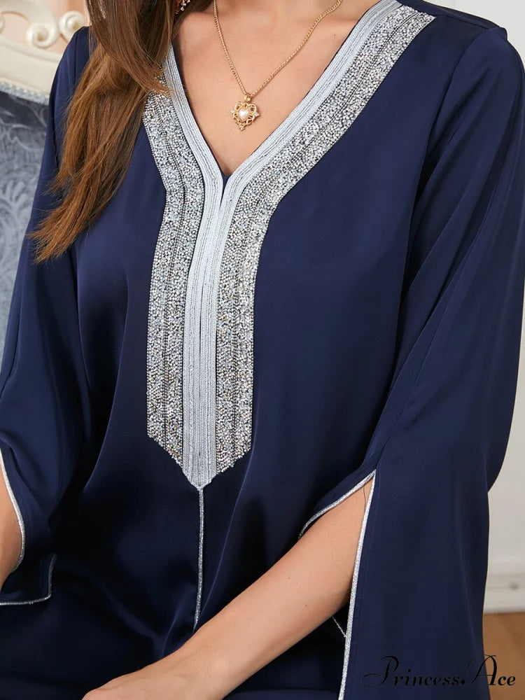 Neck Muslim Longue Full-Length Diamond India Dubai V Robe Vestidos Caftan Party Gown Abaya Women’s Prayer Largos