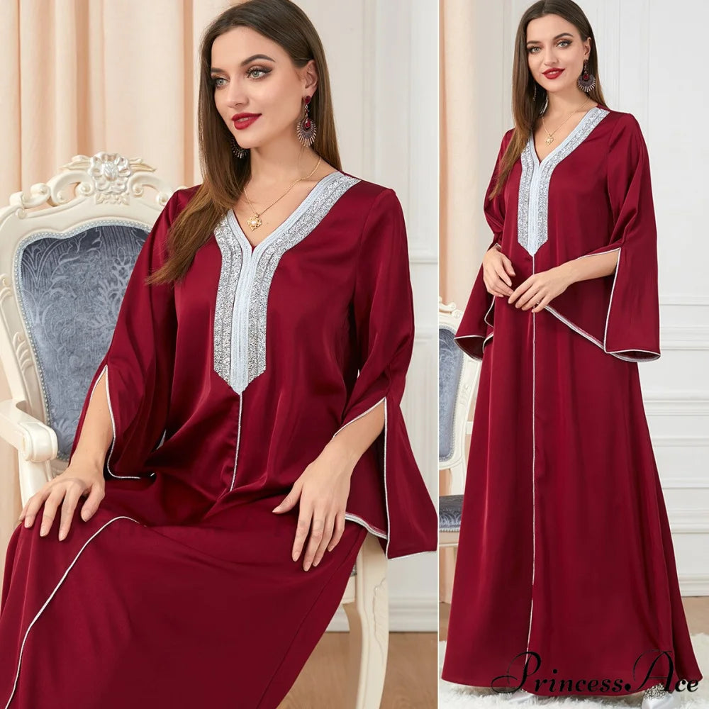 Neck Muslim Longue Full-Length Diamond India Dubai V Robe Vestidos Caftan Party Gown Abaya Women’s Prayer Largos