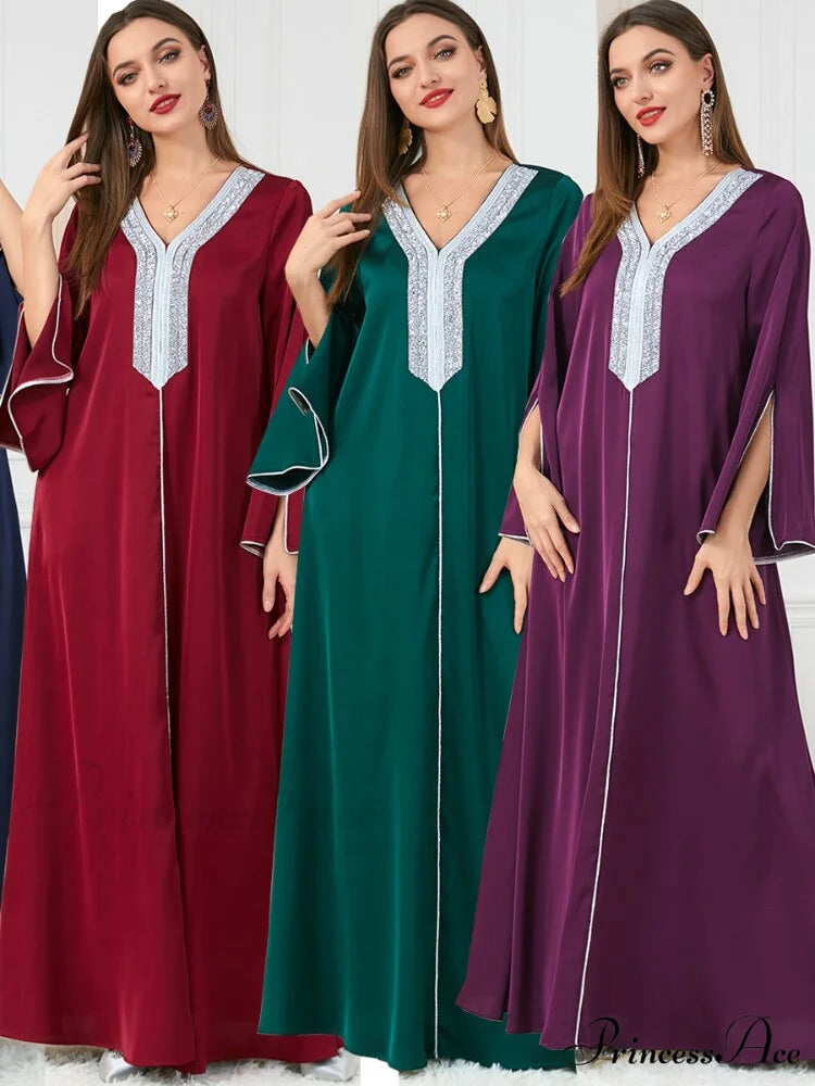 Neck Muslim Longue Full-Length Diamond India Dubai V Robe Vestidos Caftan Party Gown Abaya Women’s Prayer Largos