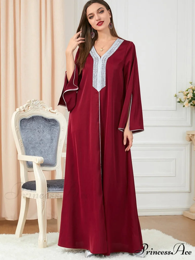 Neck Muslim Longue Full-Length Diamond India Dubai V Robe Vestidos Caftan Party Gown Abaya Women’s Prayer Largos
