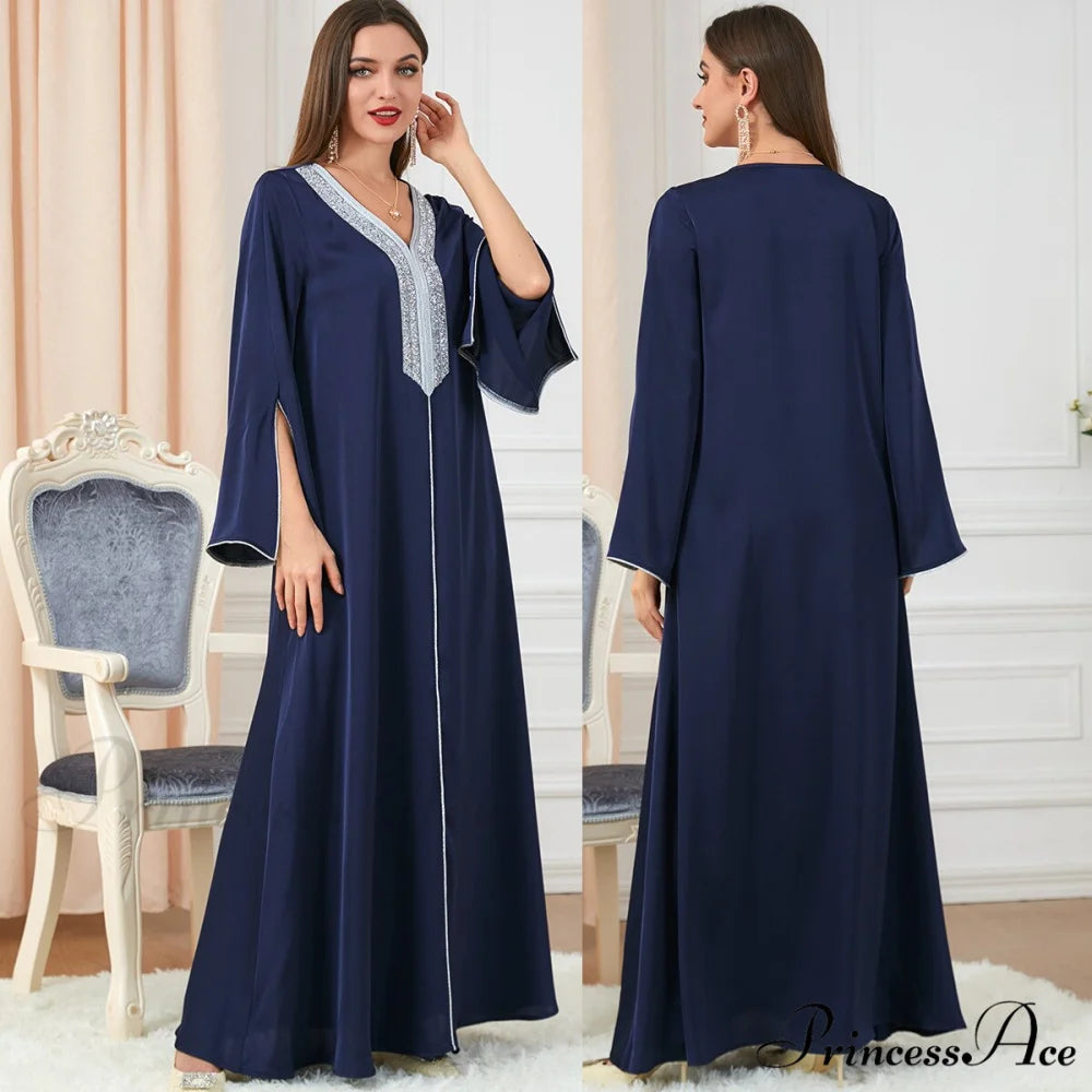 Neck Muslim Longue Full-Length Diamond India Dubai V Robe Vestidos Caftan Party Gown Abaya Women’s Prayer Largos