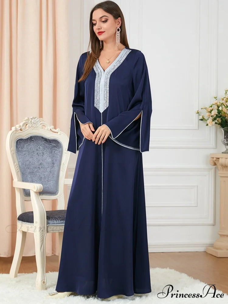 Neck Muslim Longue Full-Length Diamond India Dubai V Robe Vestidos Caftan Party Gown Abaya Women’s Prayer Largos