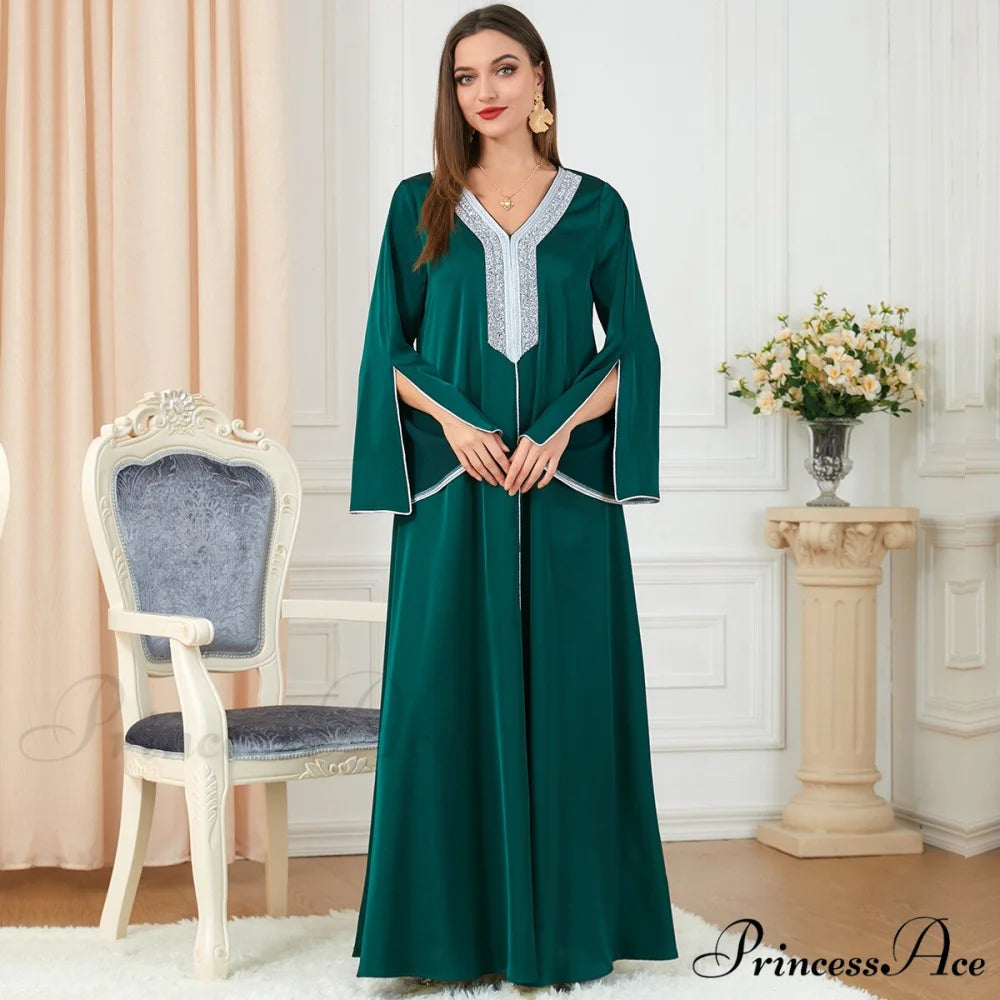 Neck Muslim Longue Full-Length Diamond India Dubai V Robe Vestidos Caftan Party Gown Abaya Women’s Prayer Largos dark