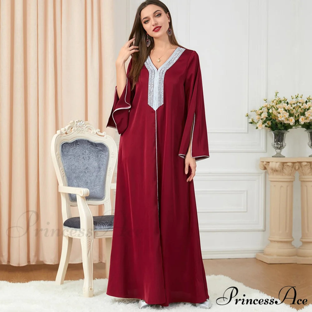 Neck Muslim Longue Full-Length Diamond India Dubai V Robe Vestidos Caftan Party Gown Abaya Women’s Prayer Largos Red / M