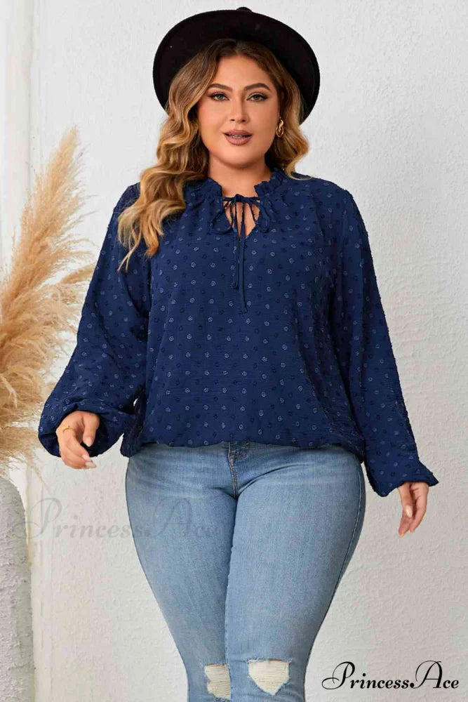 Neck Plus Size for Balloon Tie Blouse Arm Women Navy / 1XL