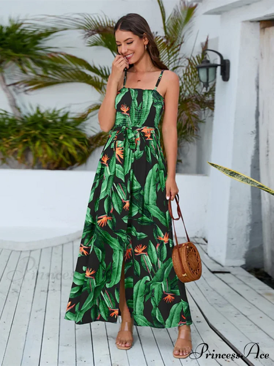 Neck Sleeveless Boxy Full-Length Flowered Dress