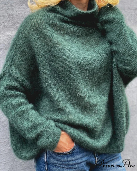 Neck Solid High Color Pullover Green / S