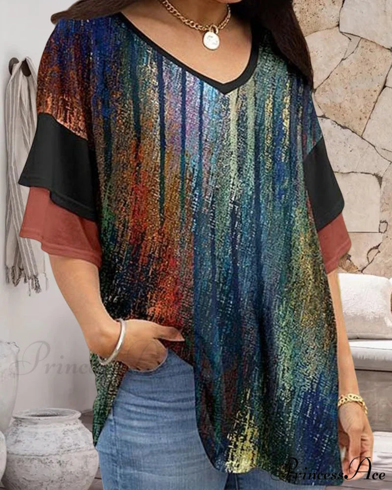 Neck Stylish V Patterned Tee 1# / S