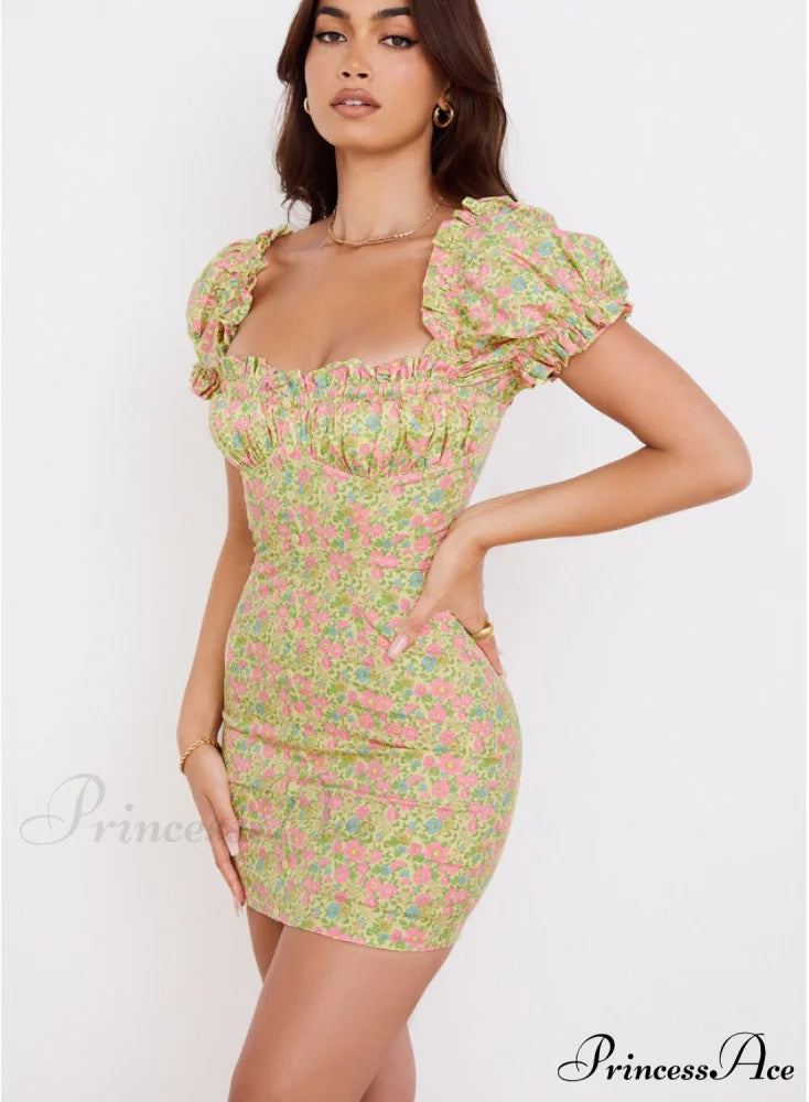 Neck Sweet Design Up Bohemian Puff Mini Frills Lace A-Line Sleeves Flowered Slash Ruffle Dress