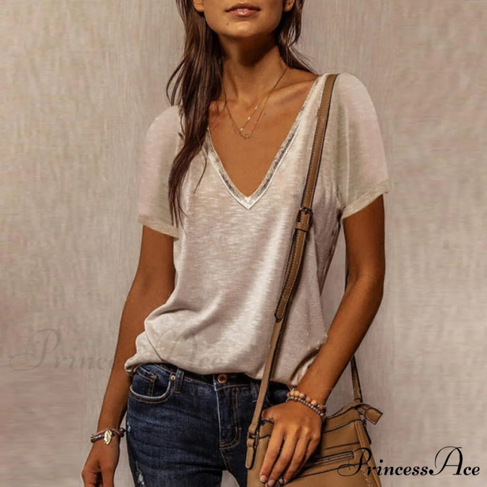 Neck Top Plus Women’s - T-Shirt Warm-Season Loose V Arm - Patchwork Brief Size 1 / S