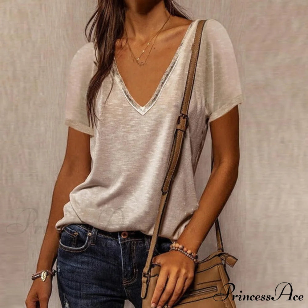 Neck Top Plus Women’s - T-Shirt Warm-Season Loose V Arm - Patchwork Brief Size