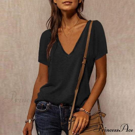 Neck Top Plus Women’s - T-Shirt Warm-Season Loose V Arm - Patchwork Brief Size black / S