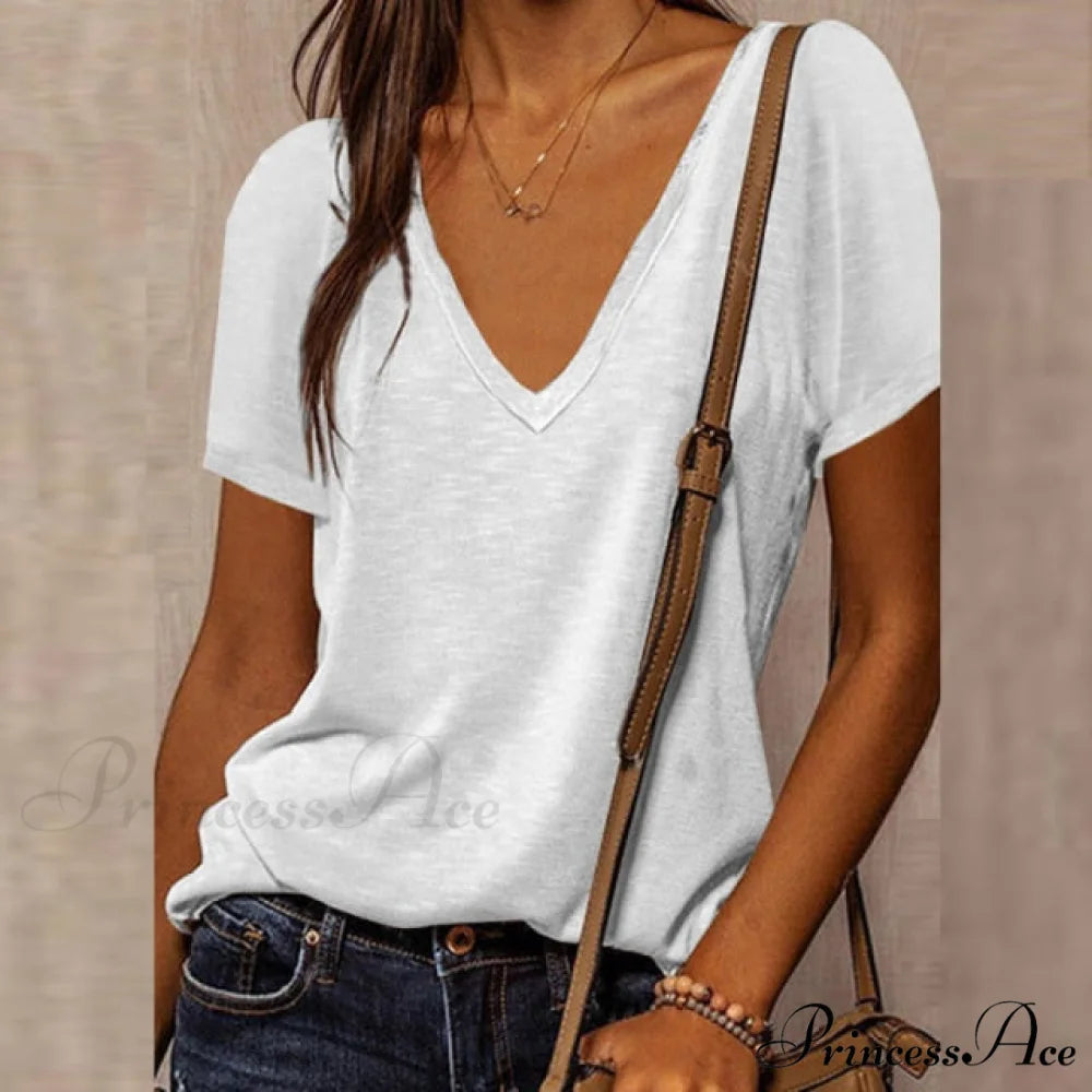Neck Top Plus Women’s - T-Shirt Warm-Season Loose V Arm - Patchwork Brief Size white / S