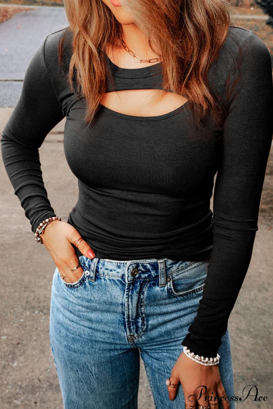 Neck Top Round Arm Long with Cutout Black / S