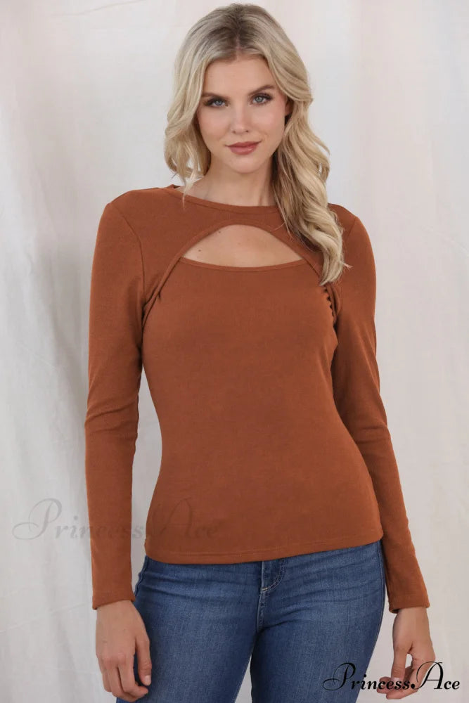 Neck Top Round Arm Long with Cutout Ochre / S