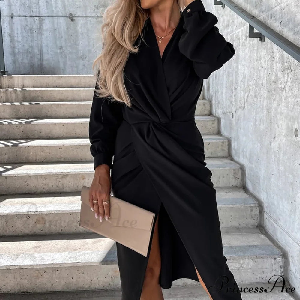 Neck V Elegant Slim Gown Party Cross for Fit Women 02 Black / S