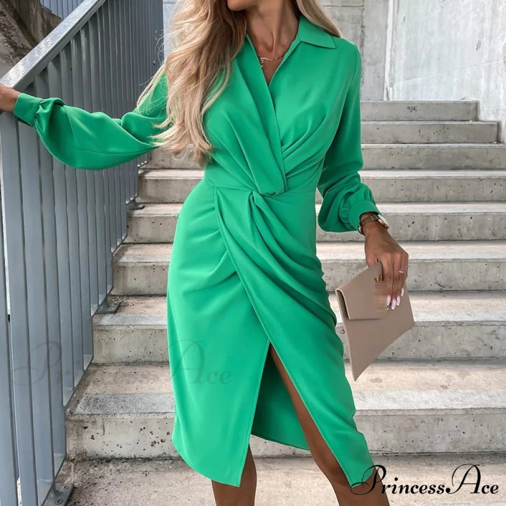 Neck V Elegant Slim Gown Party Cross for Fit Women 03 Green / S