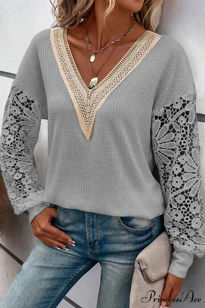 Neck V Puff Gray Lace Arm Top