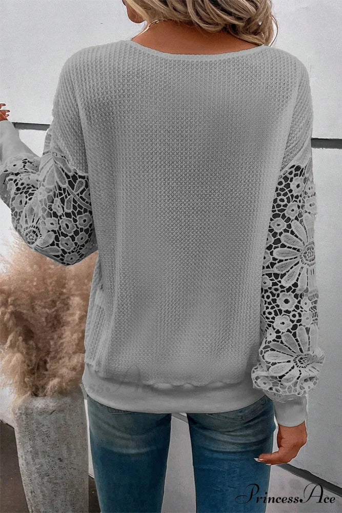 Neck V Puff Gray Lace Arm Top