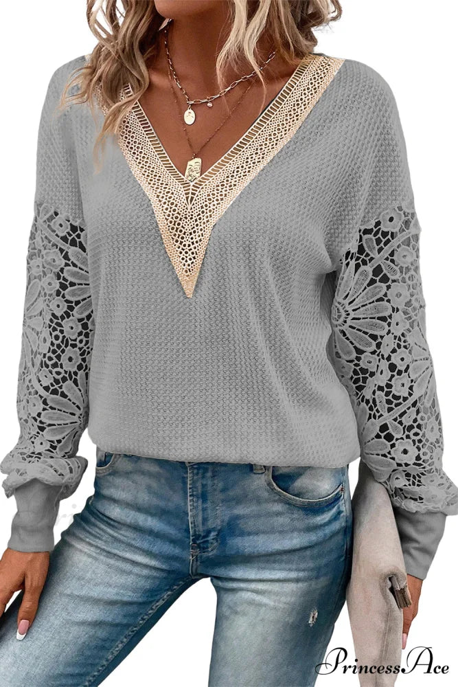 Neck V Puff Gray Lace Arm Top