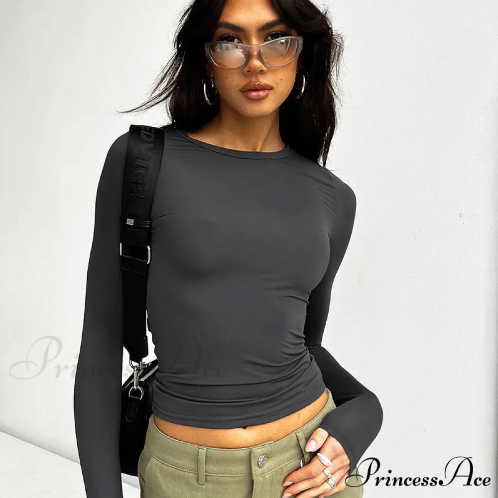 Neck Women’s Arm Round Long Color Solid Slim T-Shirt Grey / XS