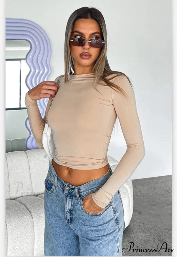 Neck Women’s Arm Round Long Color Solid Slim T-Shirt Khaki / XS