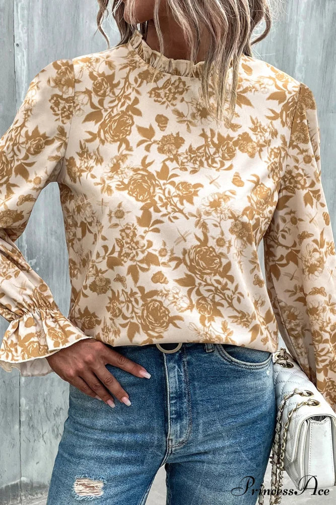 Neckline Frilled Blouse and Design Flounce with Flowered White Sleeves