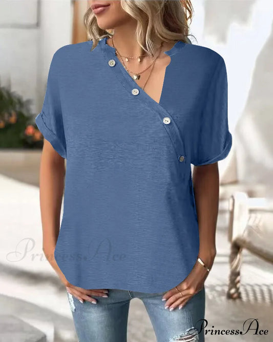 Neckline Irregular in Solid T-Shirt Color Blue / S