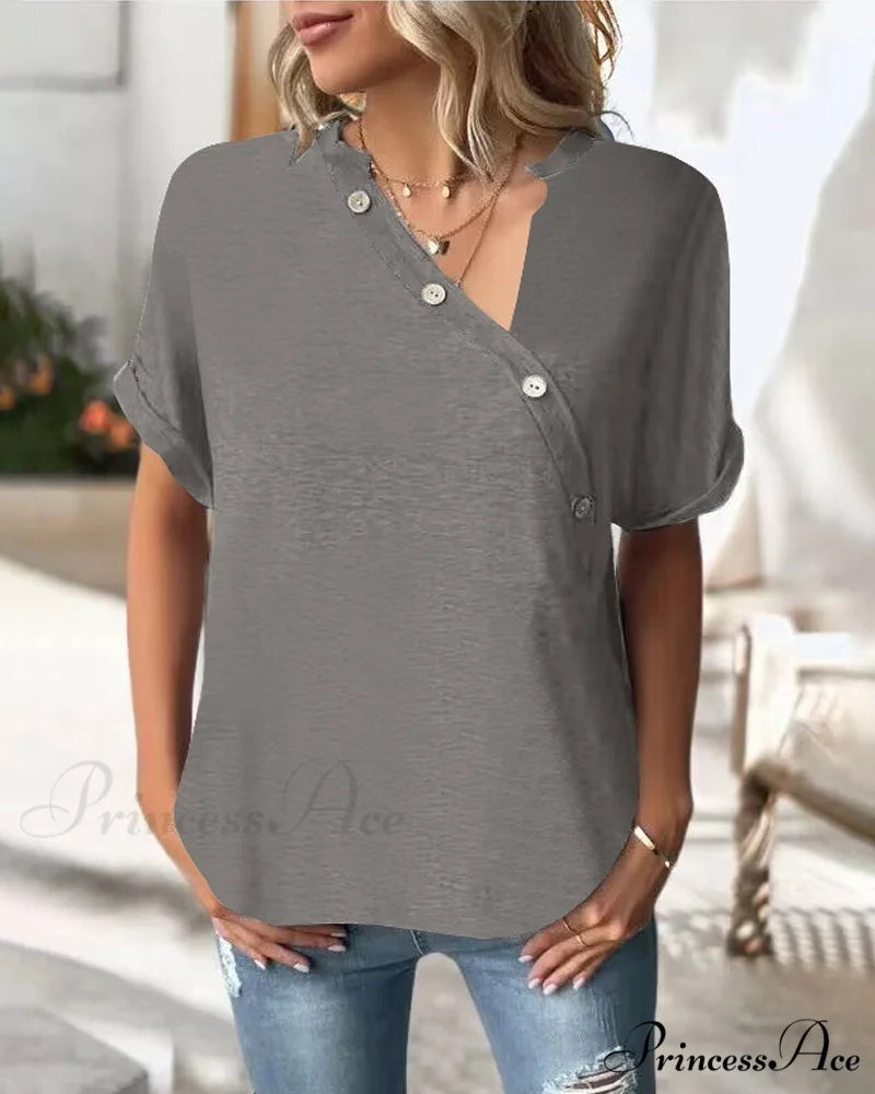 Neckline Irregular in Solid T-Shirt Color Gray / S