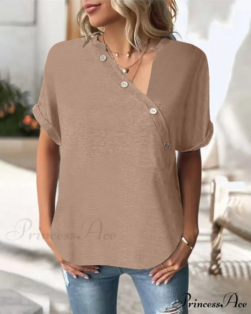 Neckline Irregular in Solid T-Shirt Color Khaki / S