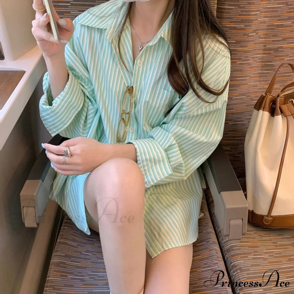 Neckline New - Oversized Down Blouse Fashion Arm Long Blouse Casual Long 2024 Korean Striped Women Turn for - Top Green