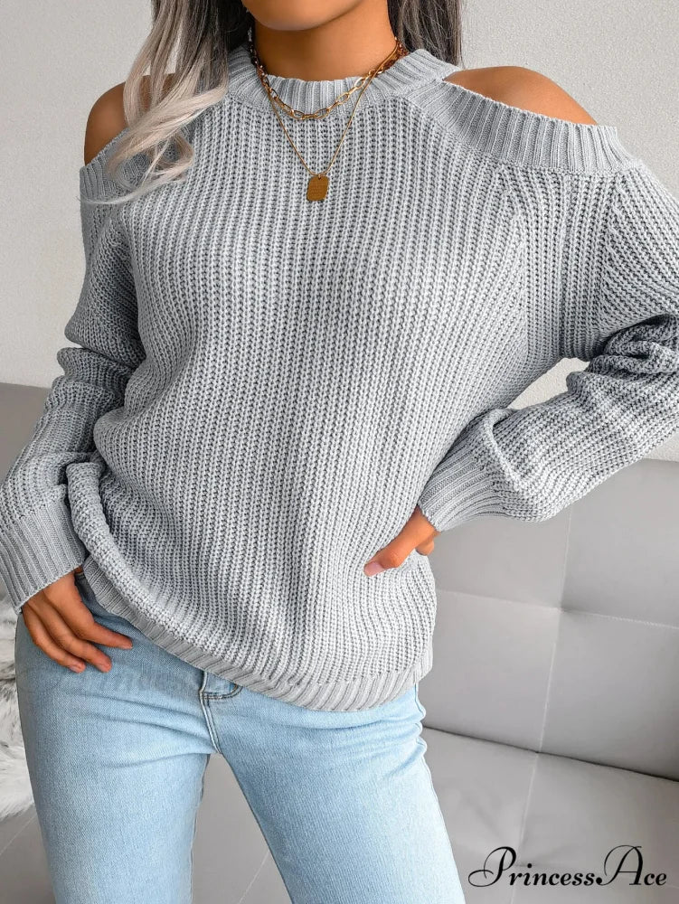 Neckline Off Shoulder Extended Sleeve Sweater Gray / S swraters-241228