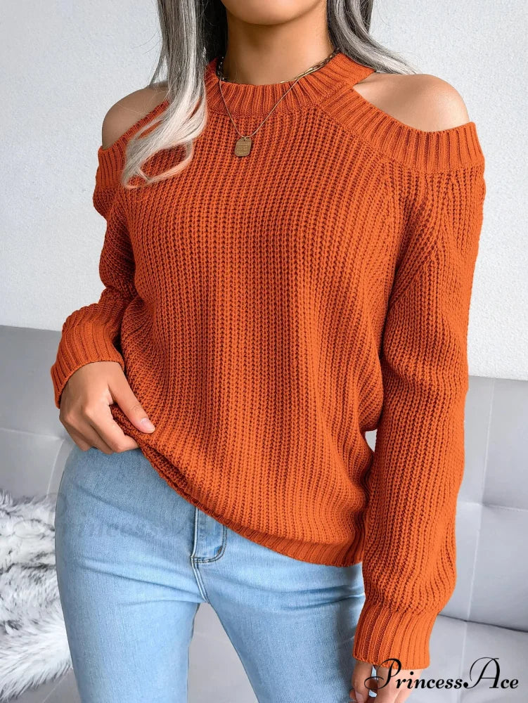 Neckline Off Shoulder Extended Sleeve Sweater Orange / S swraters-241228