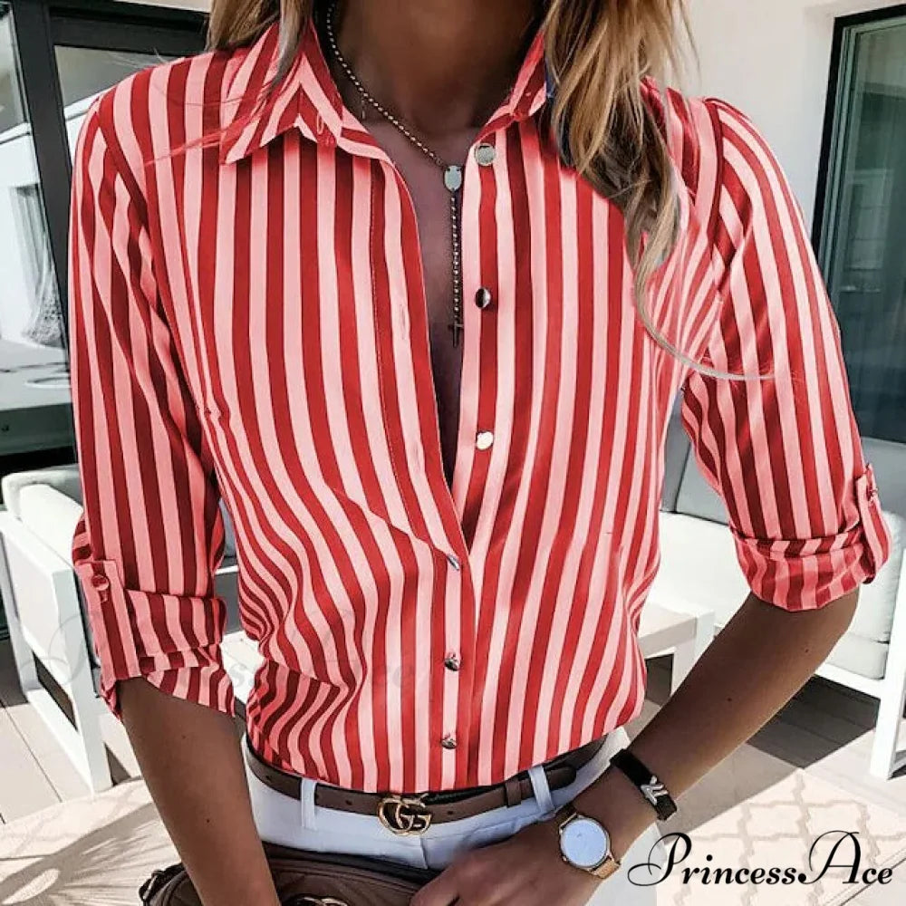 Neckline Top Striped for Basic Women Red / S