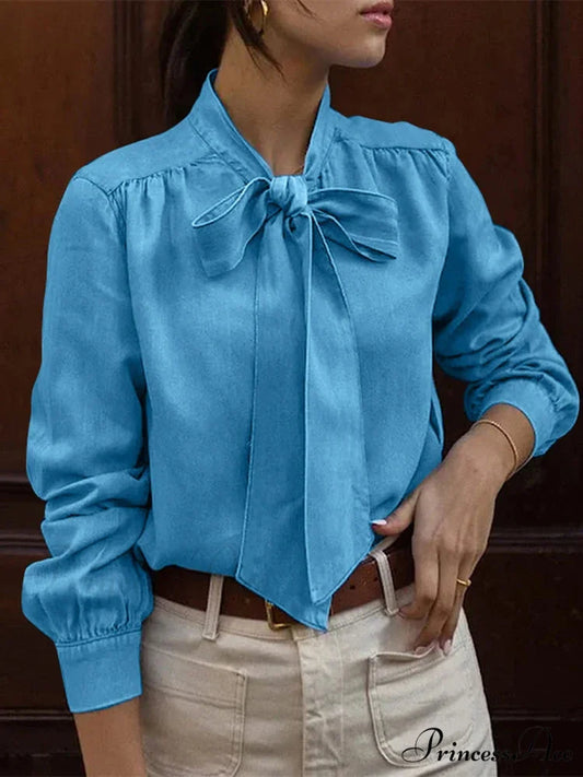 Necktie Neck Ruffling Blouse Relaxed Stylish Blouse Blue / S blouse-250126