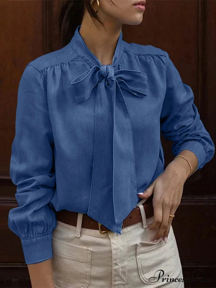 Necktie Neck Ruffling Blouse Relaxed Stylish Blouse Dark Blue / S blouse-250126