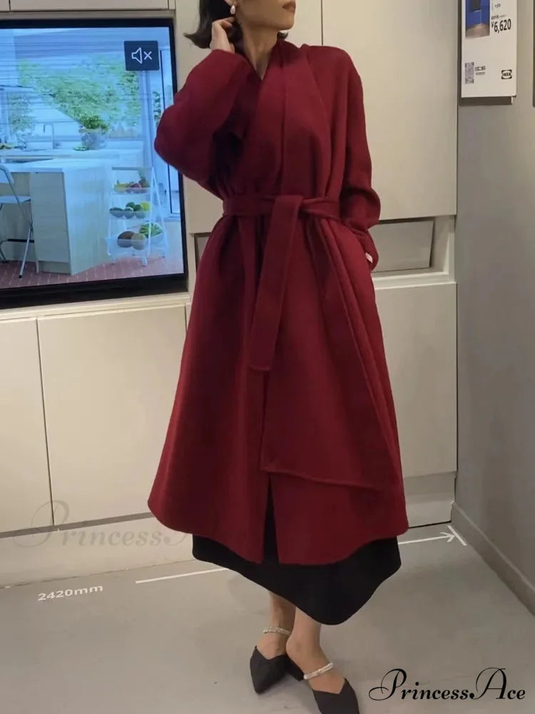 Neckwear Collar Dual-Buttoned Wool Overcoat Deep Wine Red / One Size overcoats-241228