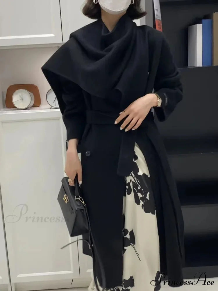 Neckwear Collar Dual-Buttoned Wool Overcoat Solid Black / One Size overcoats-241228