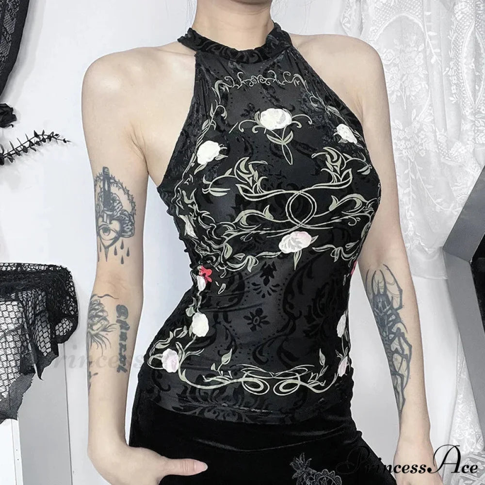 Neo-Chinese Style Vintage Plant Print Flocking Backless Crop Top Black / XS