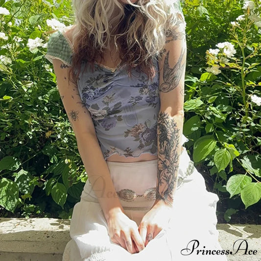 Net Floral Square Crop Top Blue / S croptop-250223