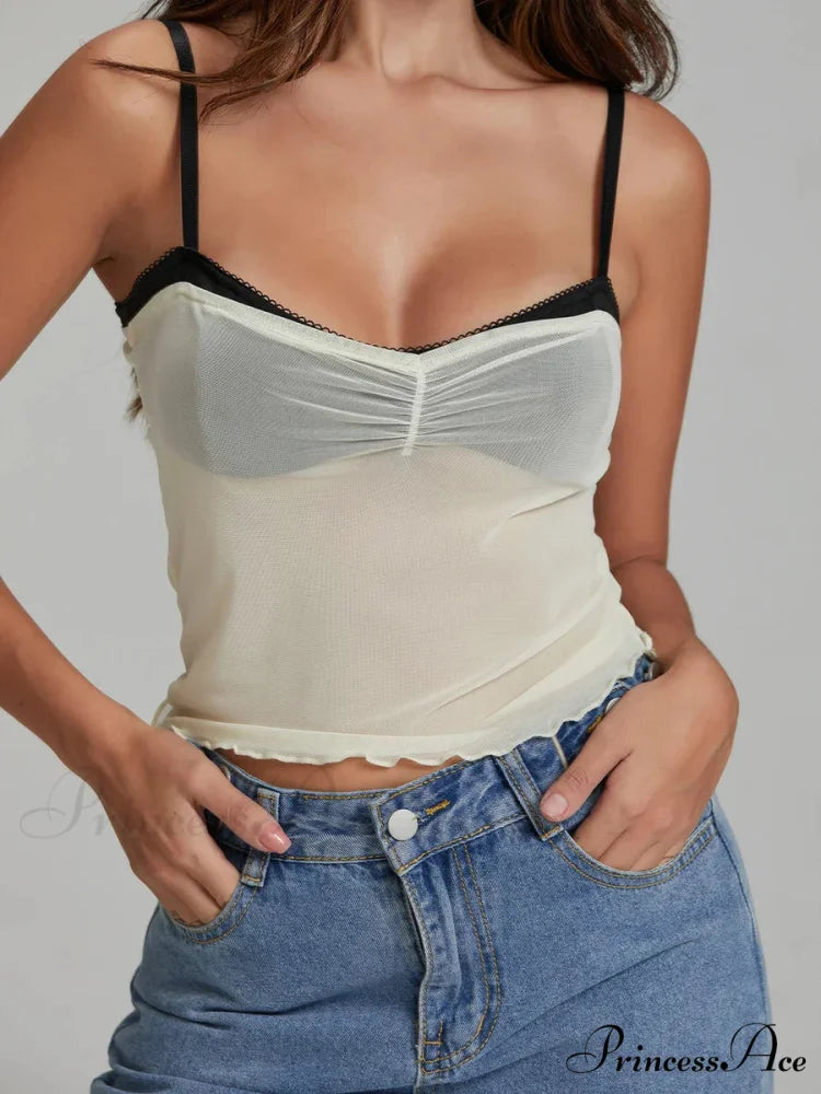 Net Gathered Hue Patch Spaghetti Strap Crop Top croptop-250126